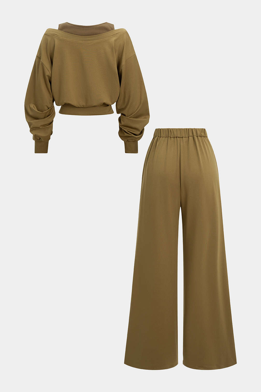 "Cut Out Long-Sleeve Top And High Waist Wide Leg Trousers Set"