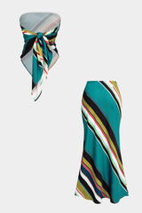 "Contrast Stripes Print Satin Tie Back Tube Top And High Waist Skirt Set"