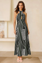 "Abstract Print Halter Neck Cut Out Maxi Dress"