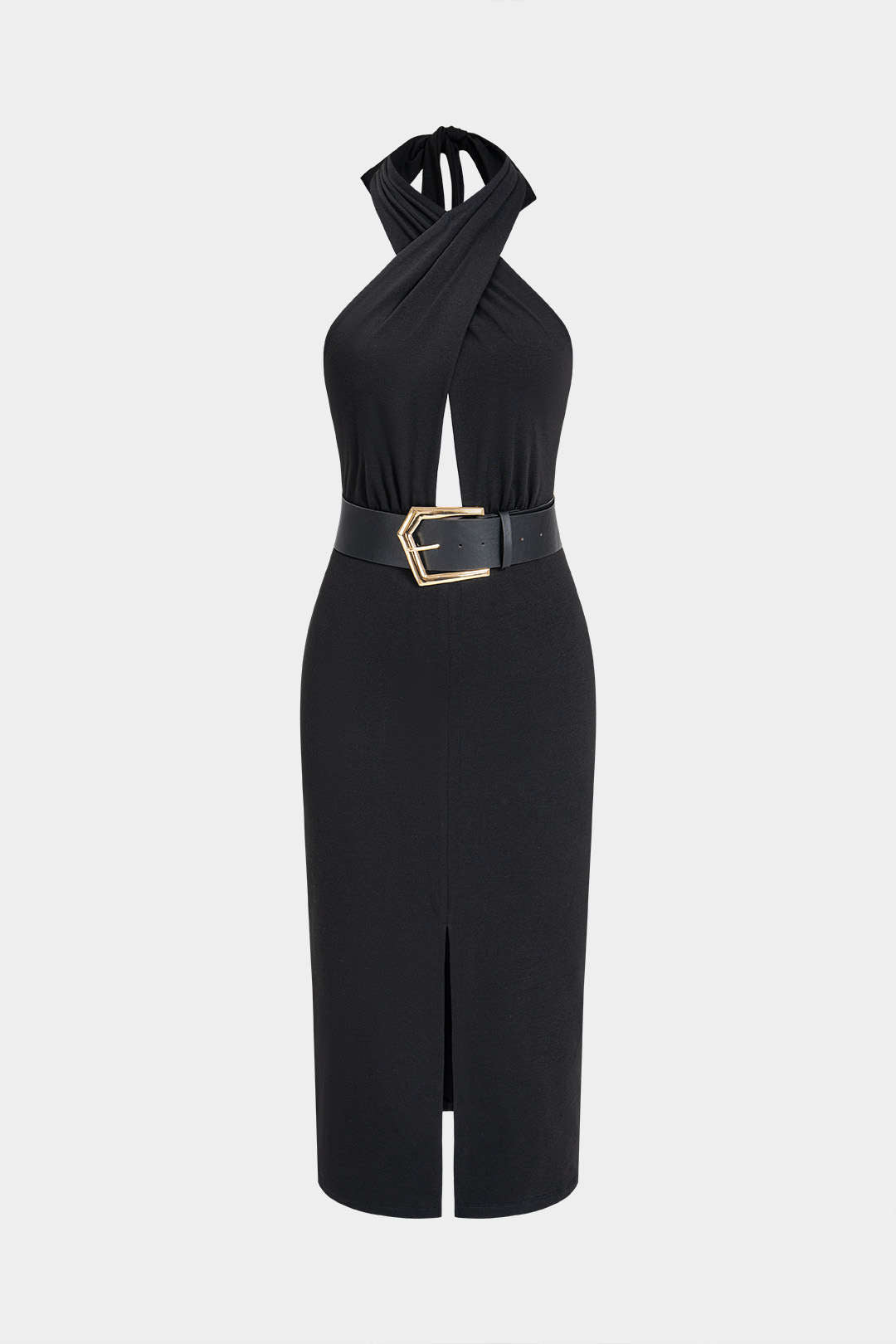 "Crossed Halter Neck Belted Cut Out Sleeveless Midi Dress"