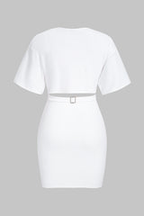 "Crossed V-Neck Cut Out Ruched Belted Short Sleeve Midi Dress"