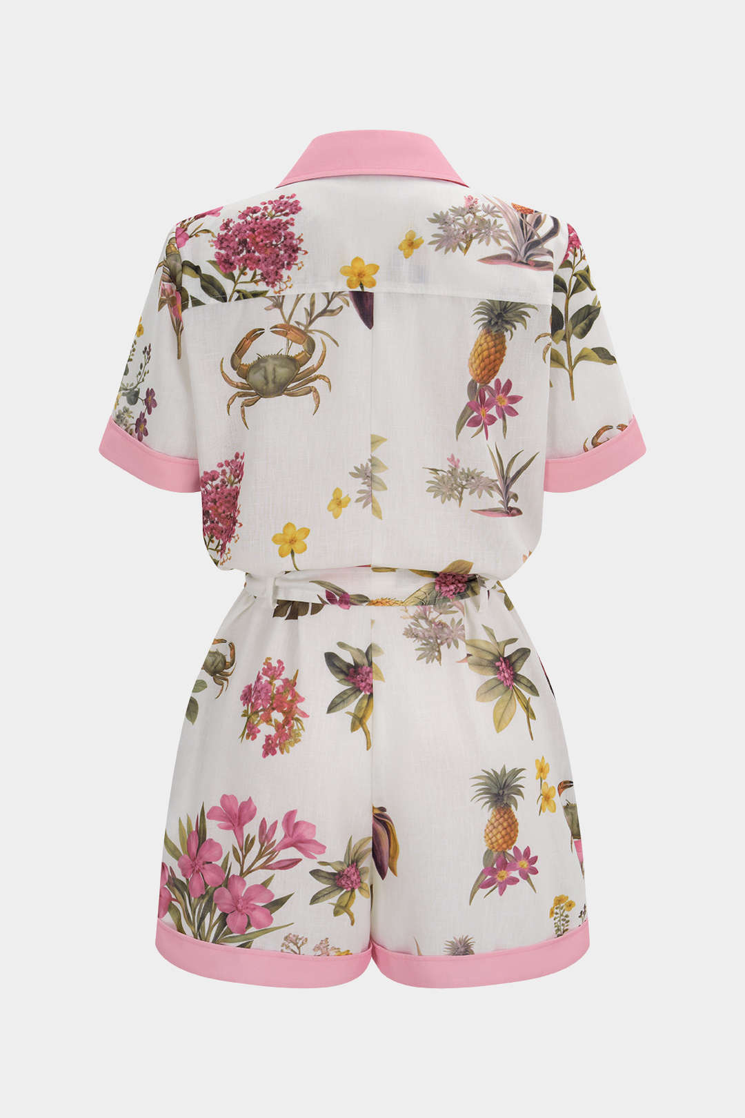"Contrast Floral Print Button Pocket Short Sleeve Wide Leg Romper"