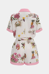 "Contrast Floral Print Button Pocket Short Sleeve Wide Leg Romper"