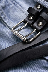 "Denim Belted Frayed High Waist Zipper Wide Leg Jeans"