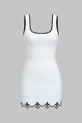 "Contrast Embroidery Pearls Sleeveless Mini Dress"