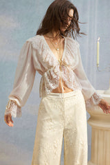 "Chiffon Patchwork Lace Trim Drawstring Long Sleeve Shirt"
