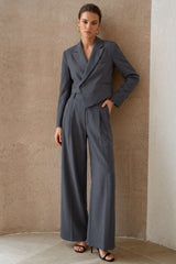 "Asymmetrical Notched Lapel Button Blazer And Wide Leg Pants Set"
