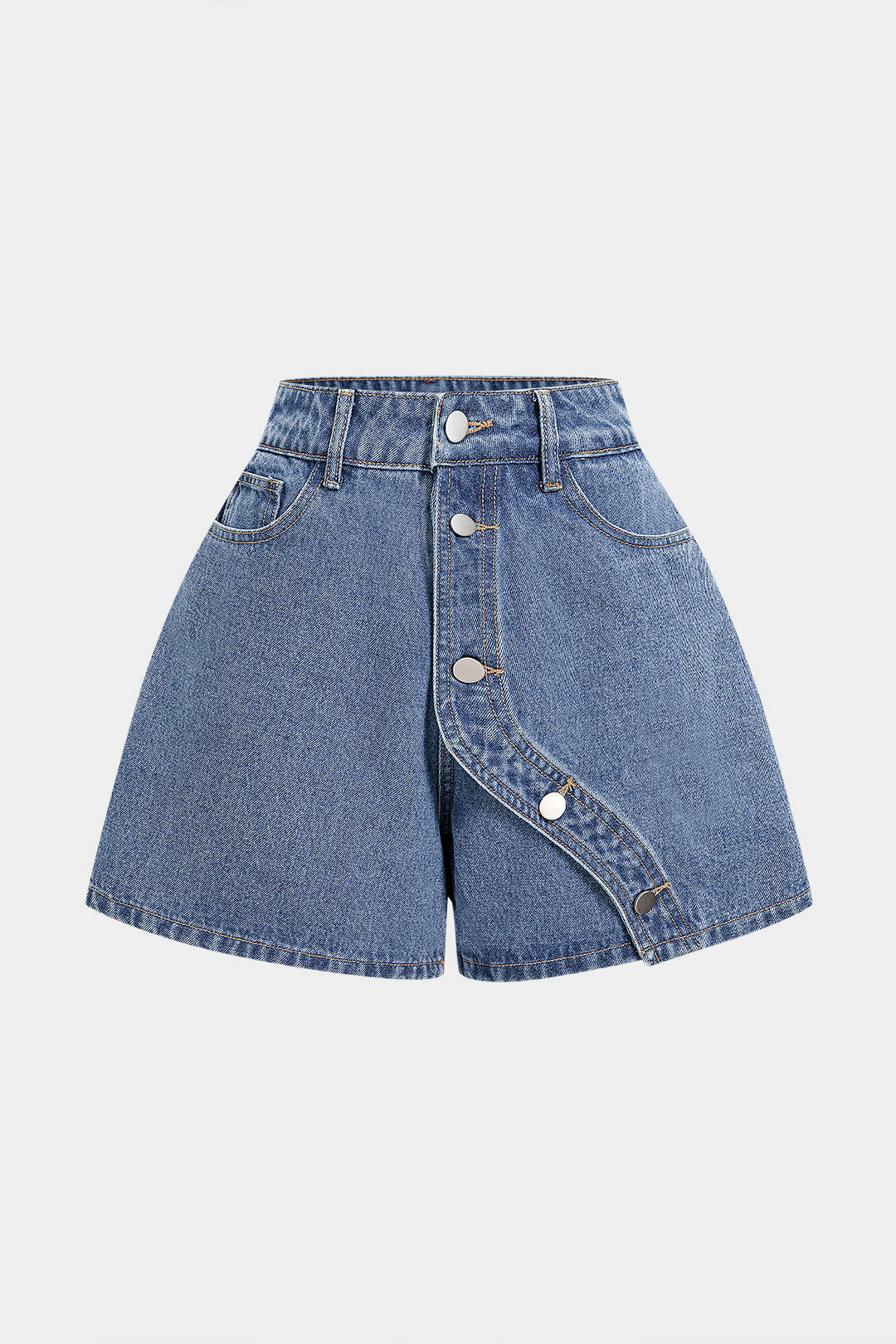 "Denim Asymmetrical Button Shorts"