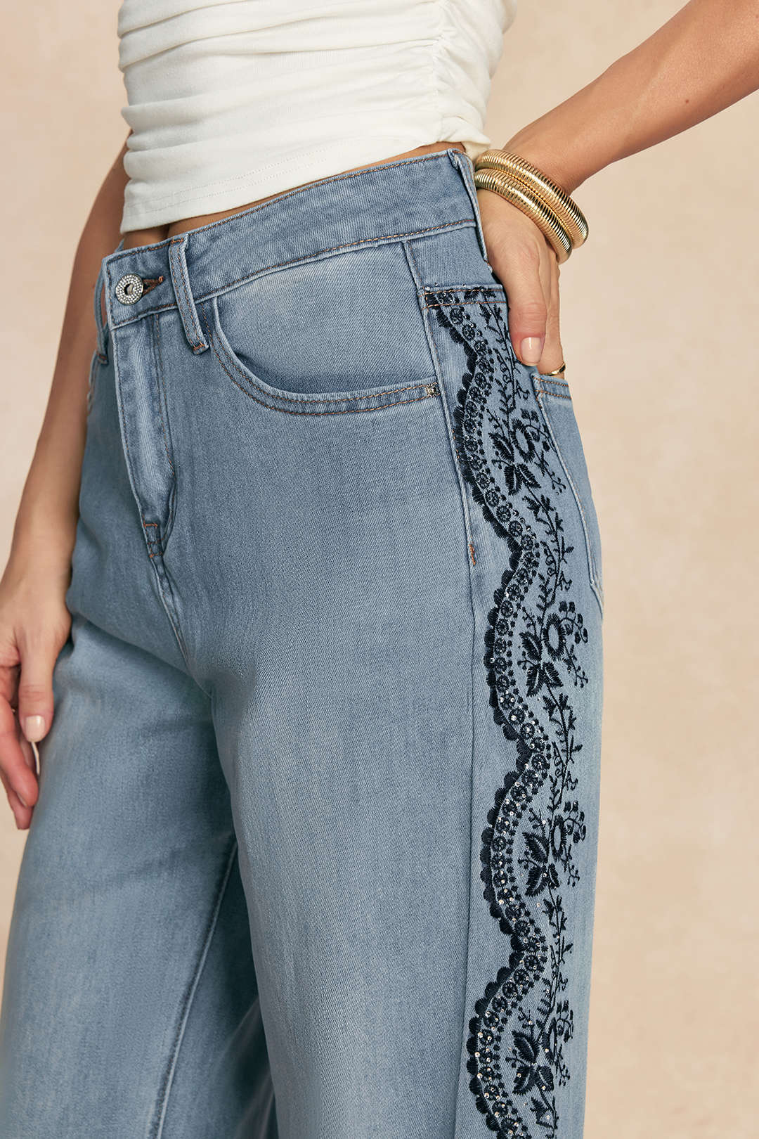 "Denim Embroidery Straight Leg Jeans"