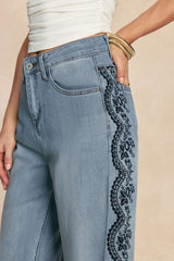"Denim Embroidery Straight Leg Jeans"
