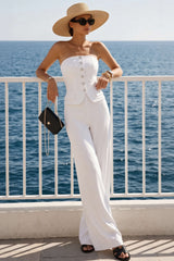 "Button Strapless Sleeveless Wide Leg Jumpsuit"