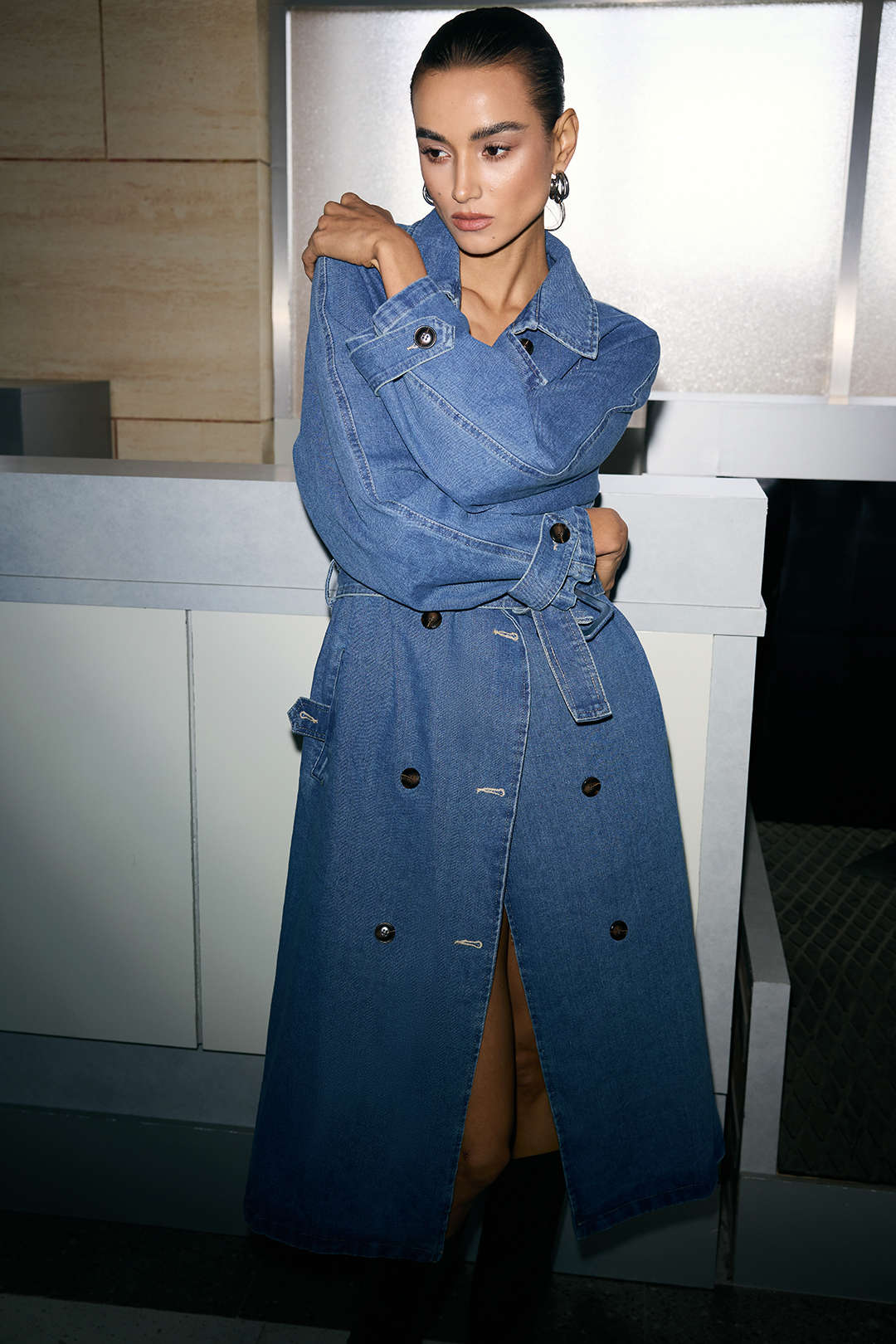 "Denim Double-Breasted Belted Mid-Long Outerwear"