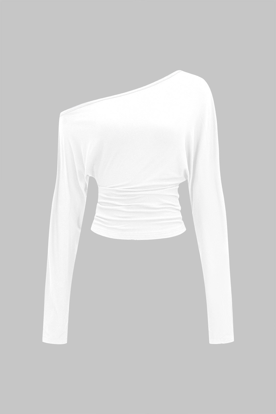"Cut Out Asymmetrical Neck Ruched Long-Sleeve Top"