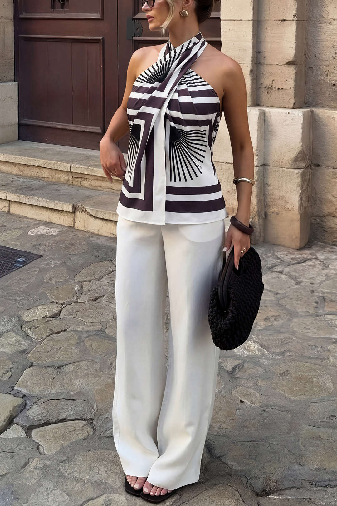 "Contrast Geometric Print Crossed Halter Tank Top"