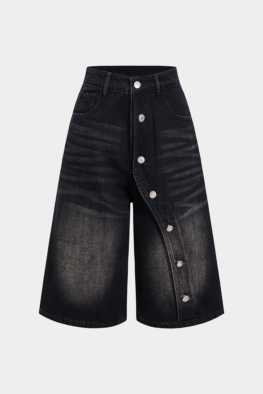 "Denim Asymmetrical Button Shorts"