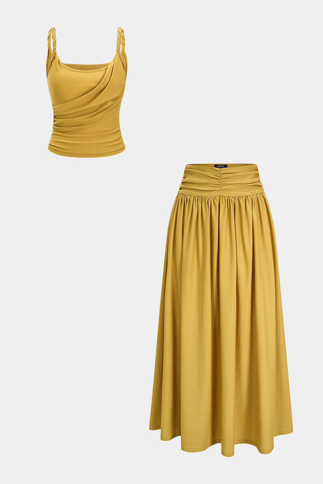 "Asymmetrical Ruched Twist Knot Cami Top And Ruched Skirt Set"