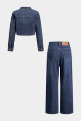 "Denim Button Long-Sleeve Top And High Waist Asymmetrical Jeans Set"