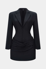 "Deep V-Neck Waist-Cinching Ruched Long Sleeve Mini Dress"