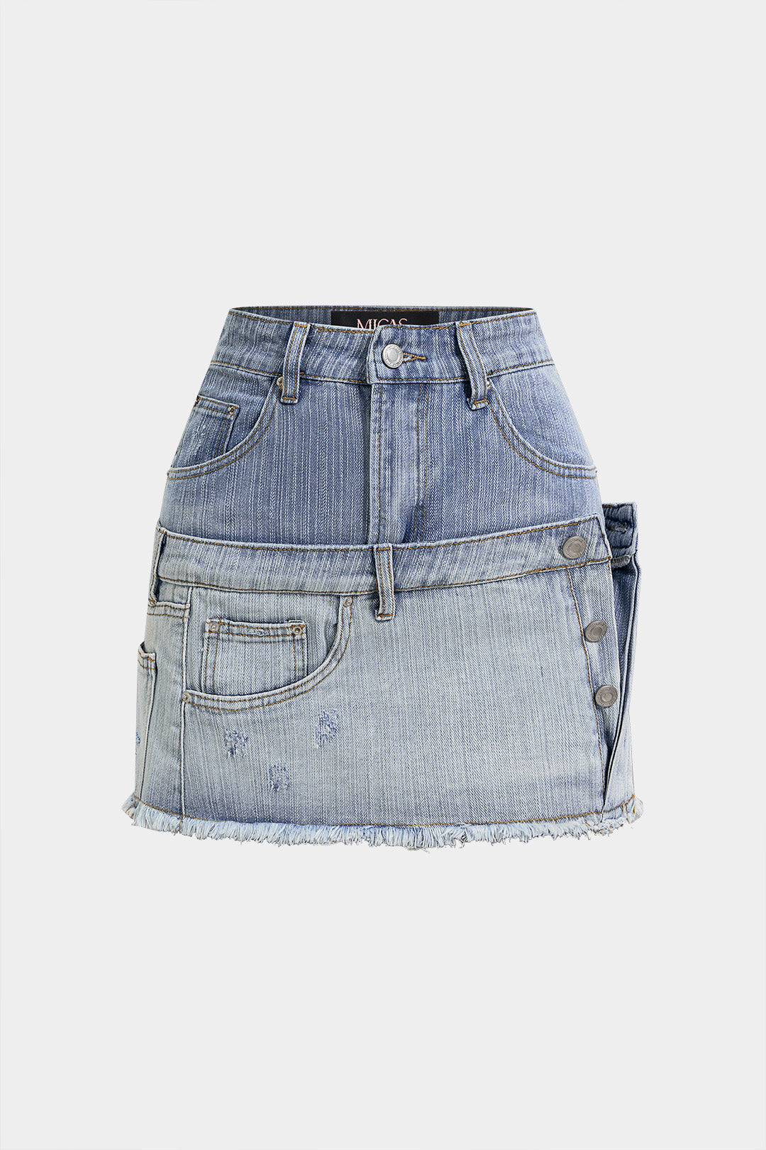 "Denim Contrast Asymmetrical High Waist A-Line Skirt"