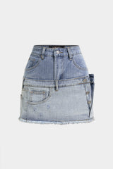 "Denim Contrast Asymmetrical High Waist A-Line Skirt"
