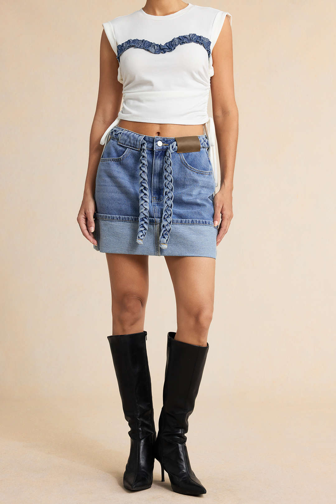 "Denim Braided Belted Pocket Skirt"