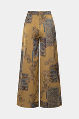"Abstract Print Satin Shirred Waistband Wide Leg Pants"