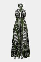 "Abstract Print Halter Neck Cut Out Maxi Dress"