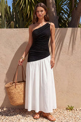 "Contrast One Shoulder Metallic Ruched Sleeveless Maxi Dress"