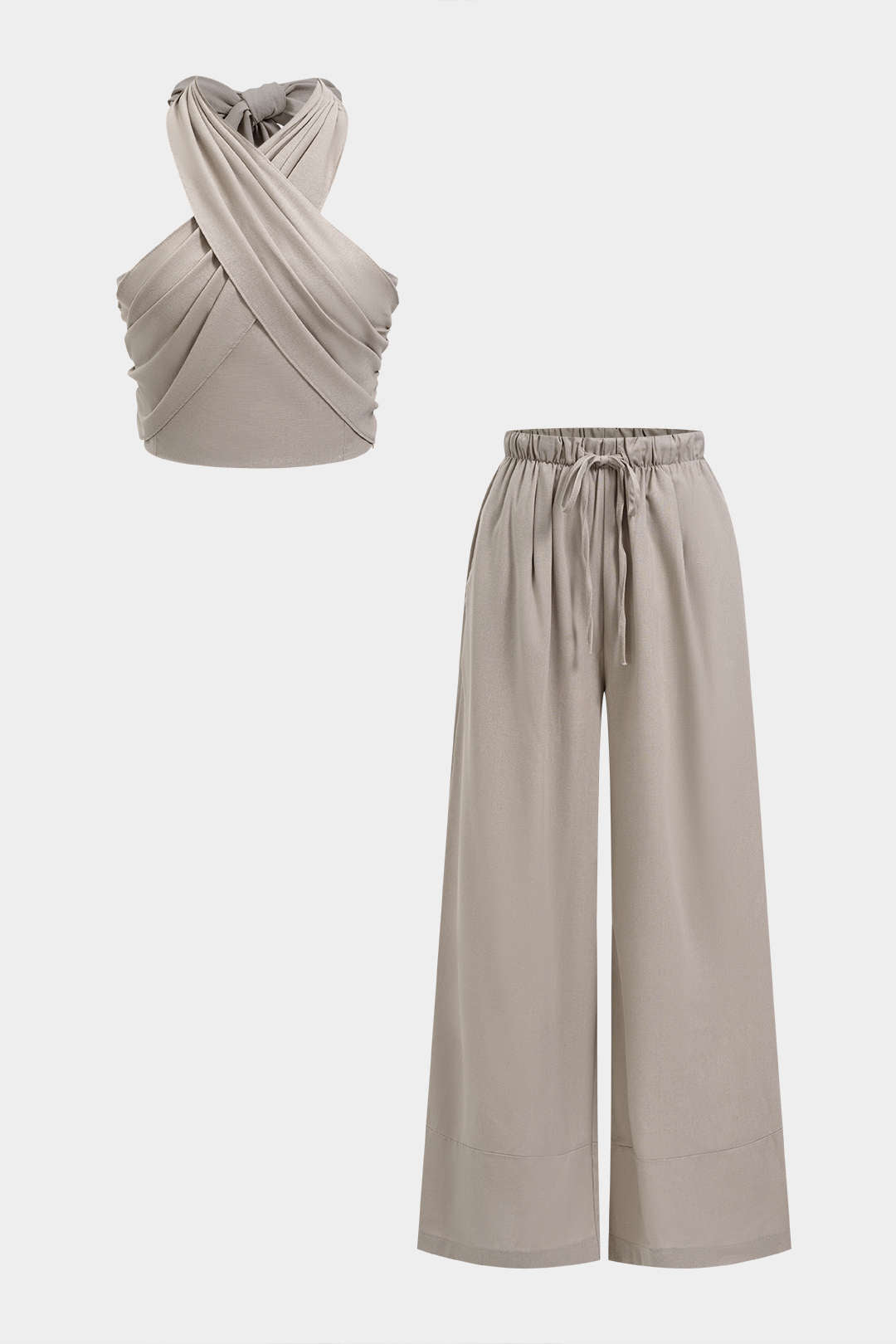 "Crossed Halter Neck Ruched Tie-Up Top And Straight Leg Pants Set"