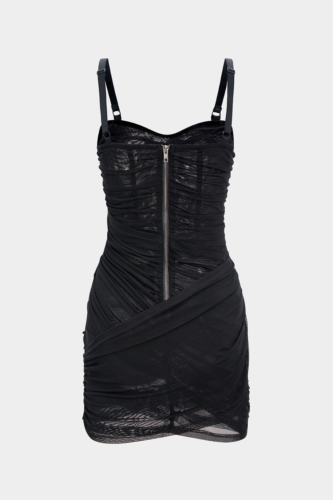 "Asymmetrical Ruched Mesh Sleeveless Mini Dress"