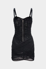 "Asymmetrical Ruched Mesh Sleeveless Mini Dress"