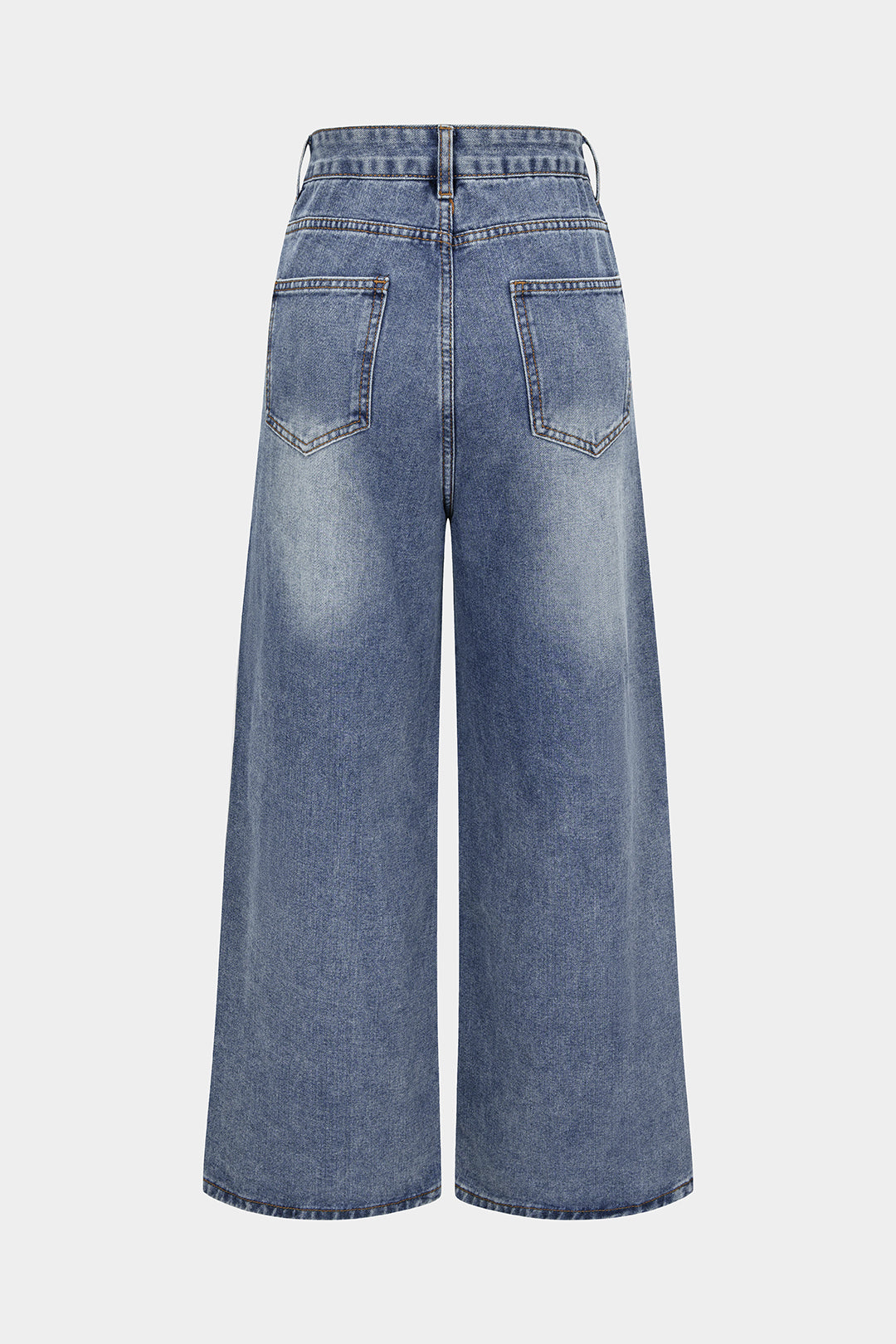 "Denim Drawstring Beads Decor High Waist Wide Leg Jeans"