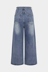 "Denim Drawstring Beads Decor High Waist Wide Leg Jeans"