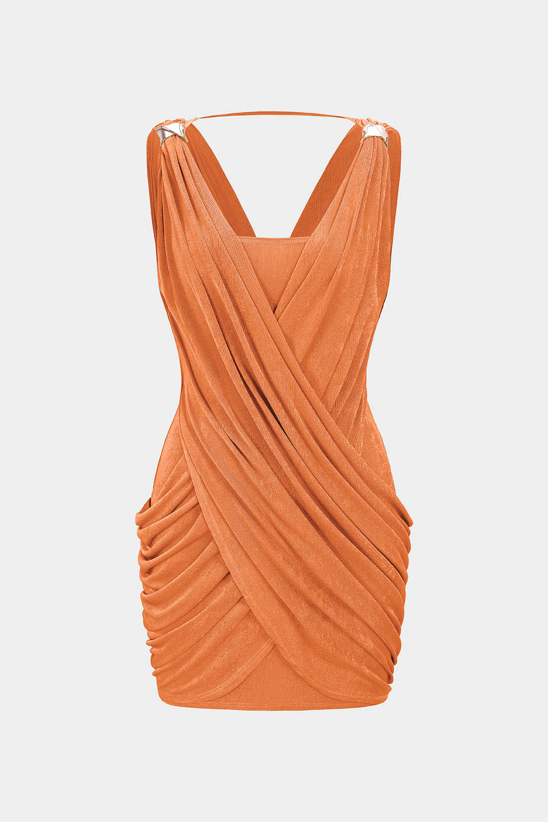 "Crossed V-Neck Ruched Metallic Decor Sleeveless Mini Dress"