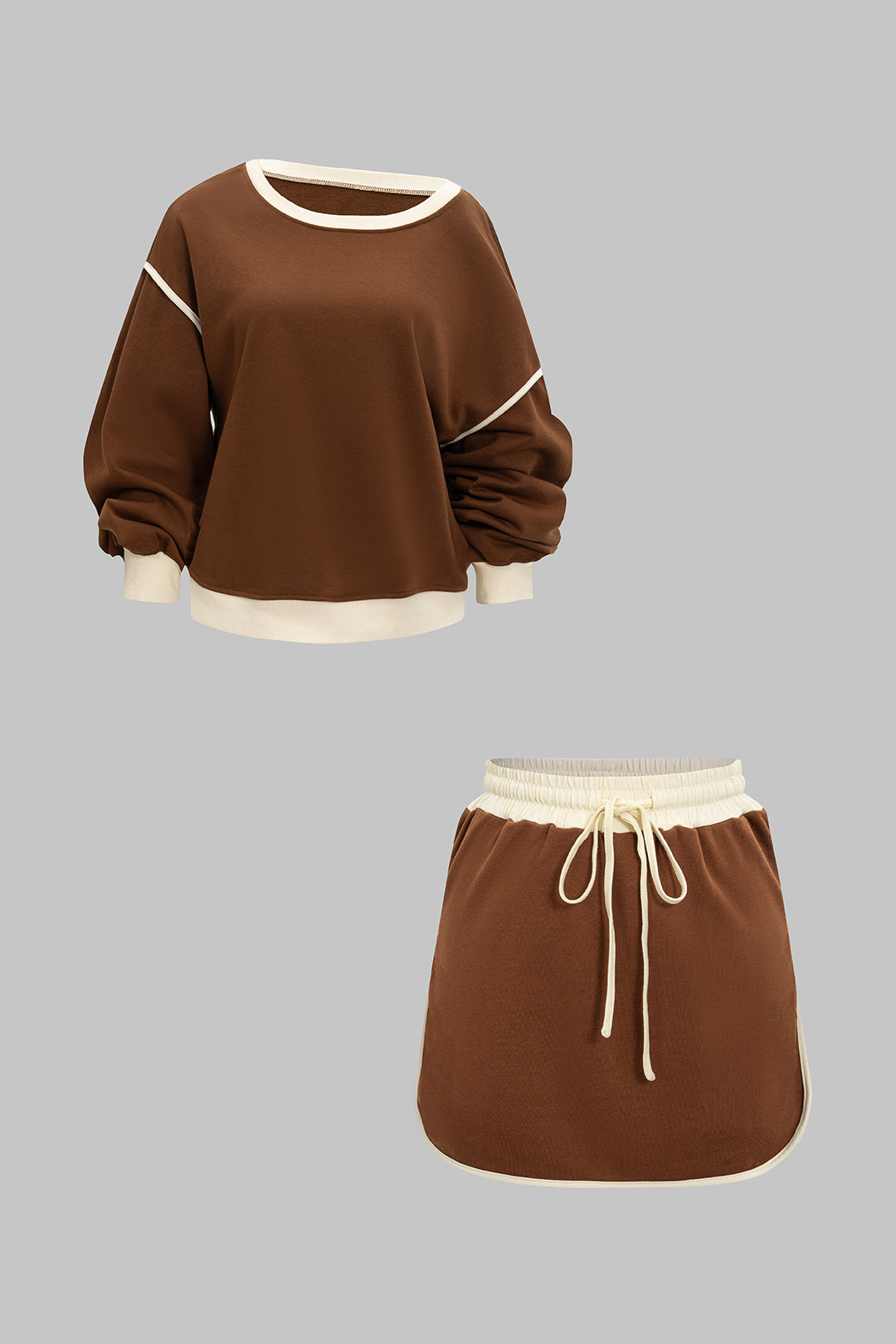 "Contrast Binding Long-Sleeve Top And Drawstring Skirt Set"