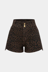 "Denim Leopard Print High Waist Shorts"