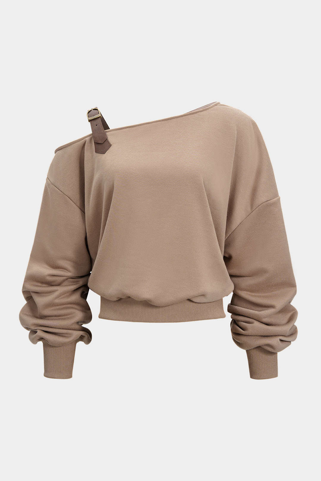 "Asymmetrical Neck Ruched Long-Sleeve Top"