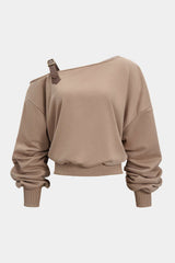 "Asymmetrical Neck Ruched Long-Sleeve Top"