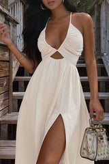 "Backless V-neck Slit Midi Dress"