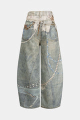 "Denim Abstract Print Low Waist Wide Leg Pants"