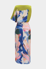 "Abstract Print Satin Asymmetrical Short-Sleeve Maxi Dress"