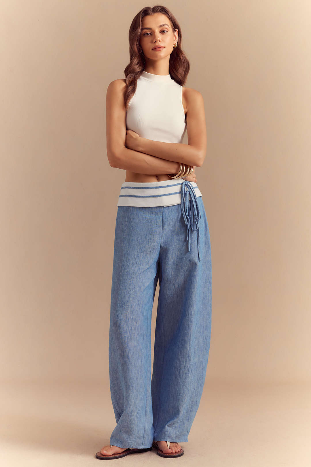 "Contrast Tie Front Wide Leg Pants"
