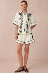 "Contrast Flower Applique Short Sleeve Shirt And Belted Shorts Set"