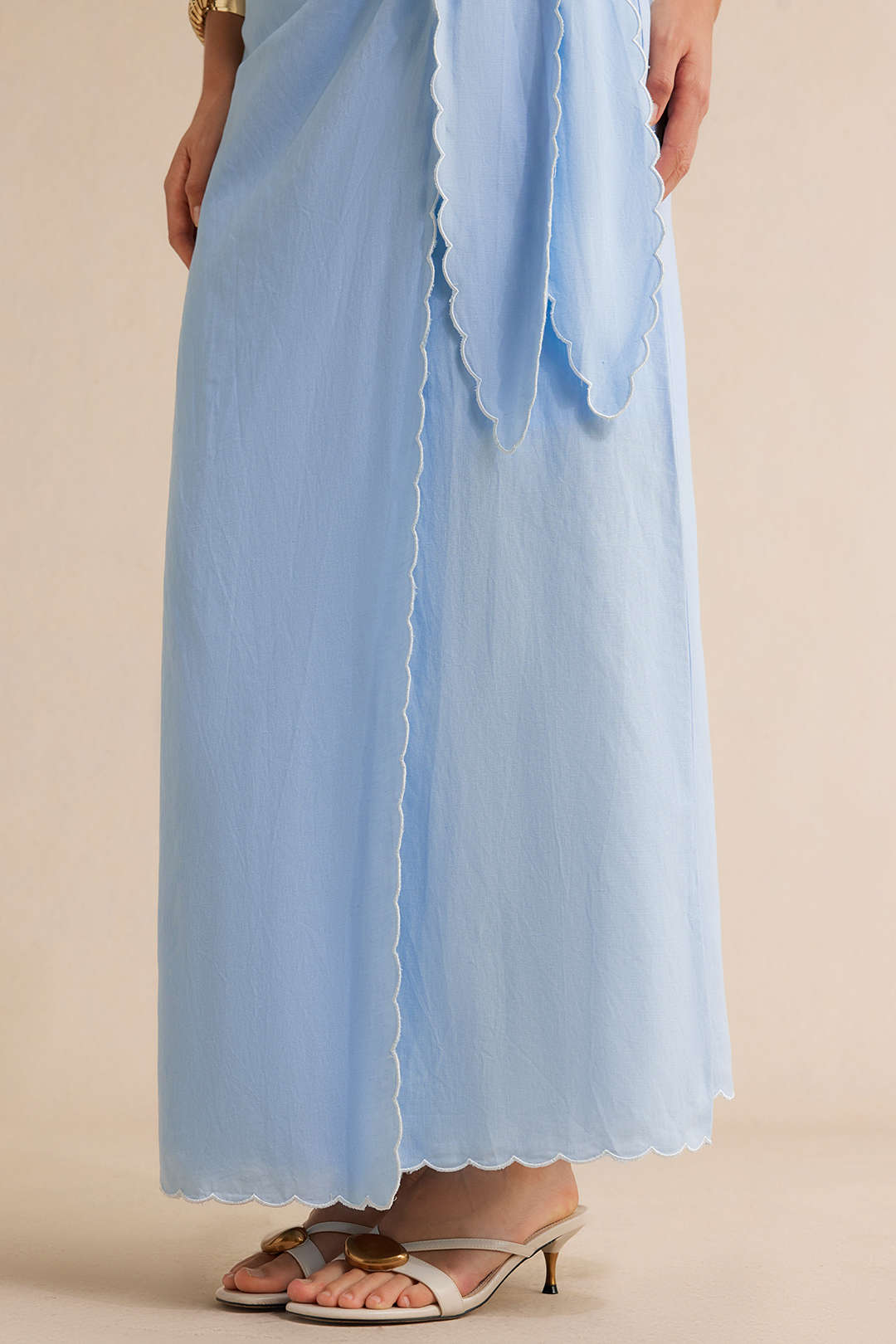 "Contrast Whipstitching Linen Tie Front Wrap Skirt"