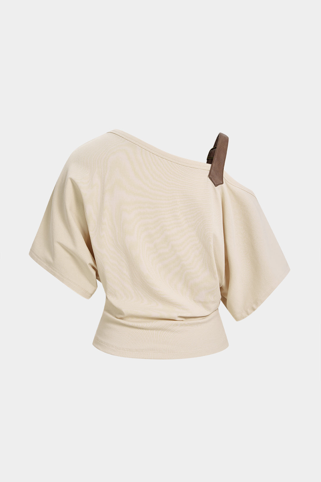 "Asymmetrical Faux Leather Buckle One Shoulder Short Sleeve Top"