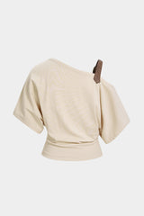 "Asymmetrical Faux Leather Buckle One Shoulder Short Sleeve Top"