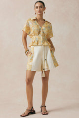 "Artistic Print V-Neck Ruched Short Sleeve Top"