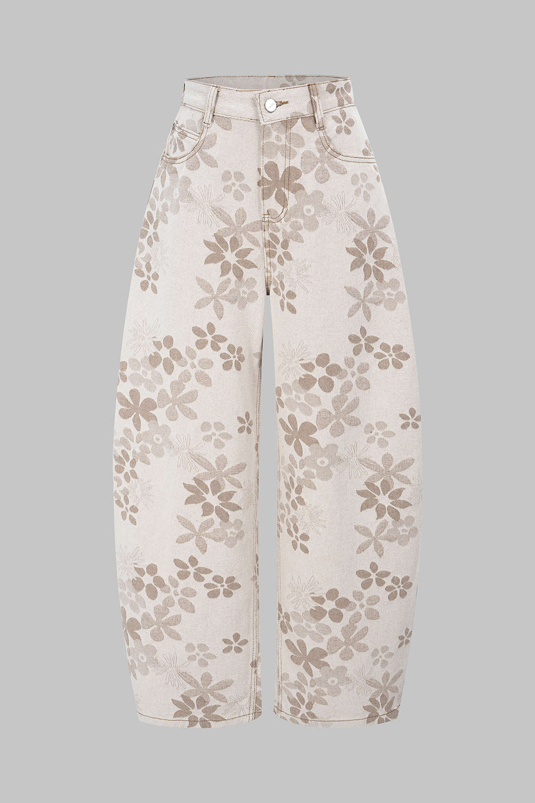 "Denim Floral Print High-Waist Pocket Jeans"