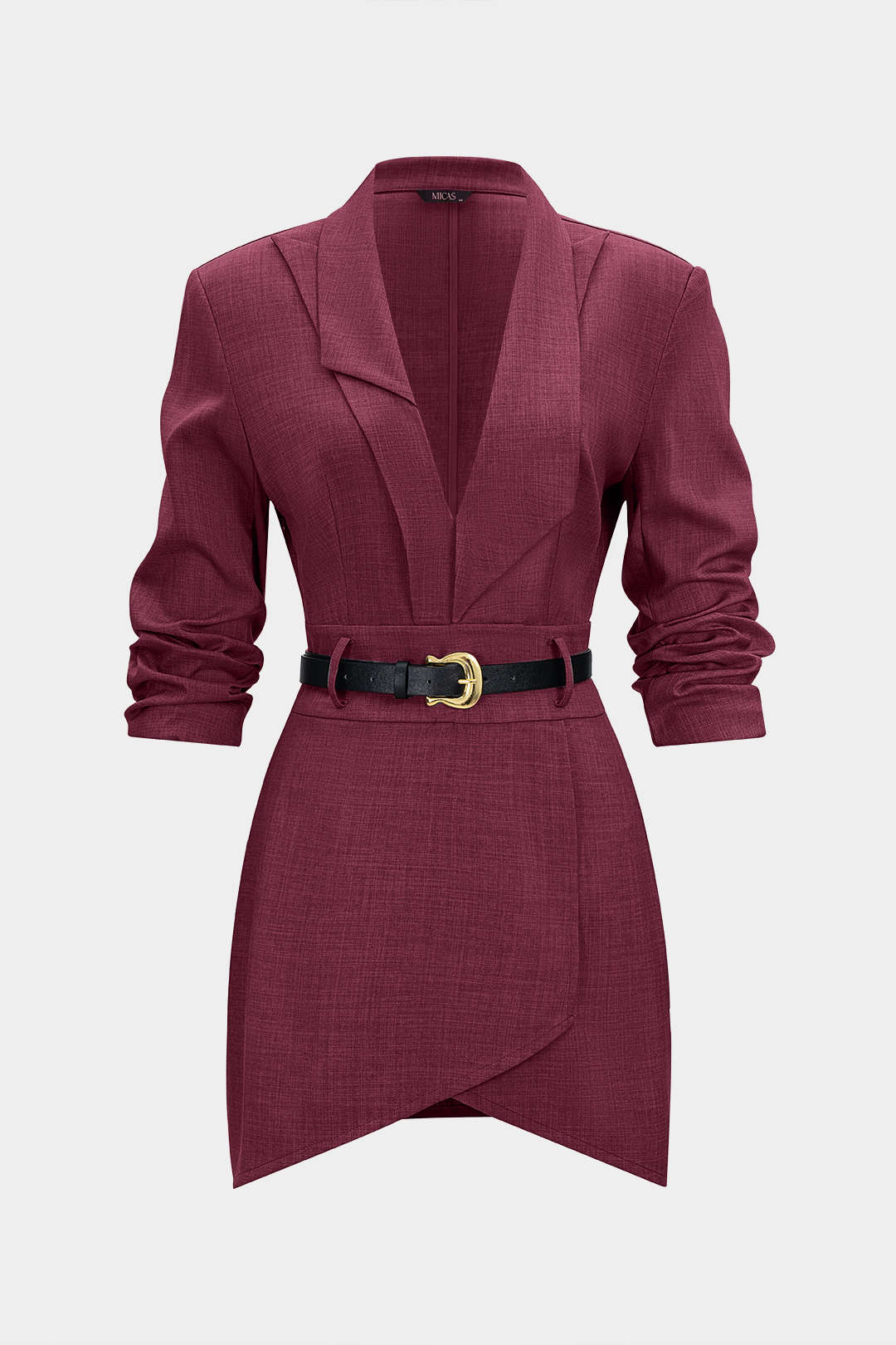 "Asymmetrical Notched Lapel Belted Long Sleeve Mini Dress"