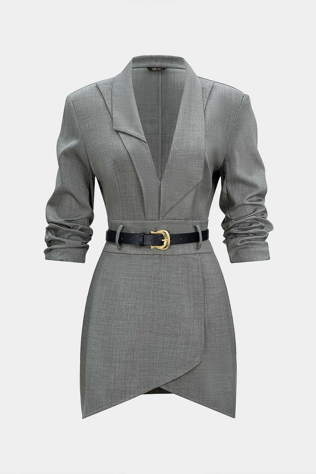 "Asymmetrical Notched Lapel Belted Long Sleeve Mini Dress"